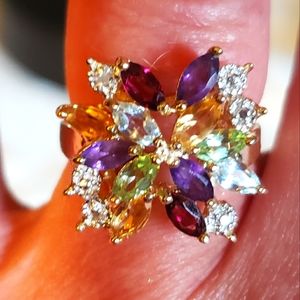 Authentic Gemstone Cluster ring 18K Gold over Sterling Silver size 5